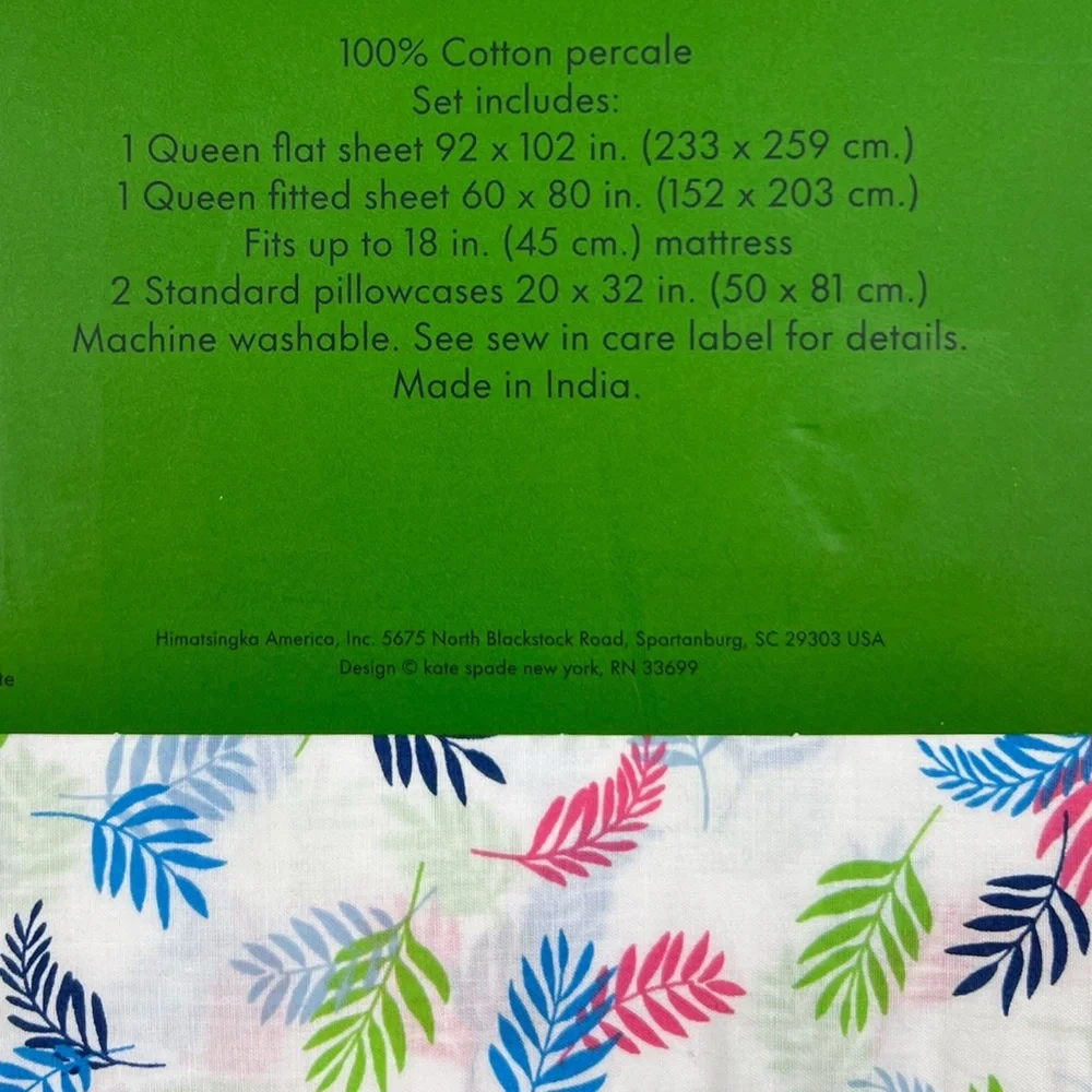 Kate Spade - ‘Tropical Leaf’ Queen Sheet Set. NWT. Firm!